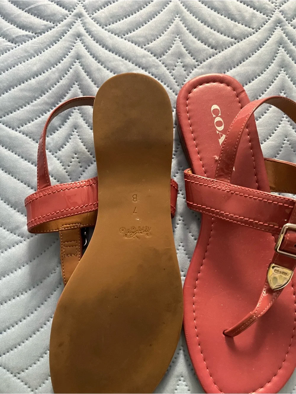 COACH Coral Pink Leather T-Strap Sandals with Gold Hardware
